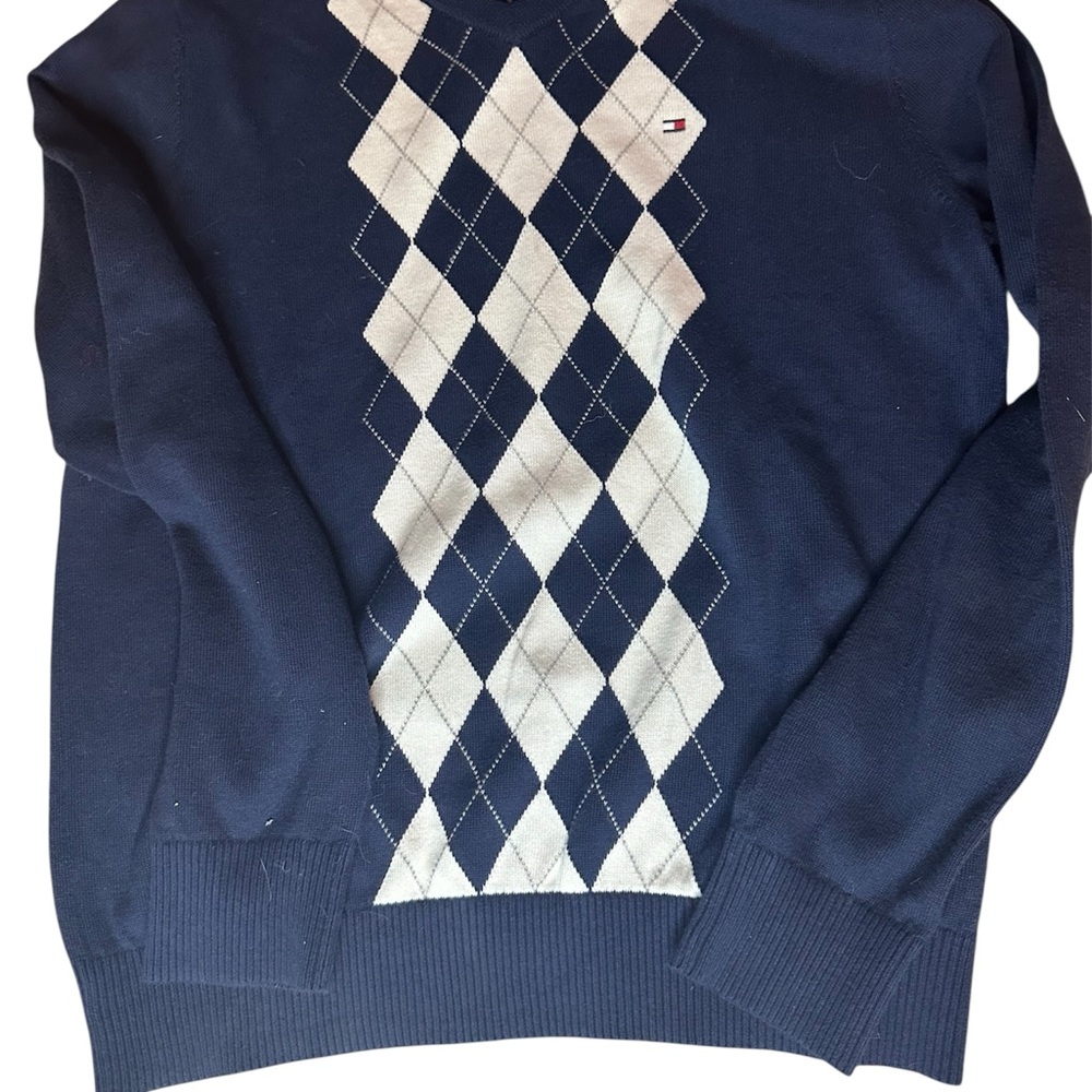 Tommy Hilfiger Navy and White Argyle Crewneck Sweater Size S/P